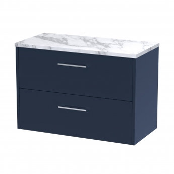 Hudson Reed Juno Wall Hung 2-Drawer Vanity Unit with Carrera Marble Worktop 800mm Wide - Midnight Blue | Product Image