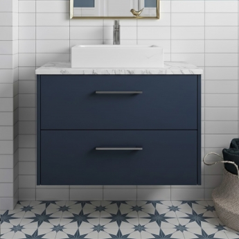 Hudson Reed Juno Wall Hung 2-Drawer Vanity Unit with Carrera Marble Worktop 800mm Wide - Midnight Blue | Product Image