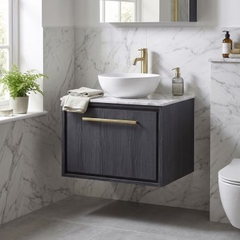 Hudson Reed Lille Wall Hung 1-Drawer Vanity Unit with Carrara Marble Worktop 600mm Wide - Graphite Grey Woodgrain | Product Image