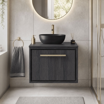 Hudson Reed Lille Wall Hung 1-Drawer Vanity Unit with Worktop 600mm Wide - Graphite Grey Woodgrain | Product Image
