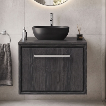 Hudson Reed Lille Wall Hung 1-Drawer Vanity Unit with Worktop 600mm Wide - Graphite Grey Woodgrain | Product Image