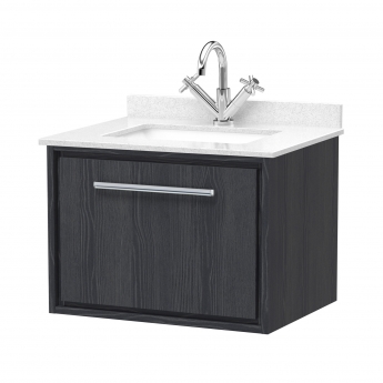 Hudson Reed Lille Wall Hung 1-Drawer Vanity Unit with White Marble Worktop Basin 600mm Wide - Graphite Grey Woodgrain | Product Image