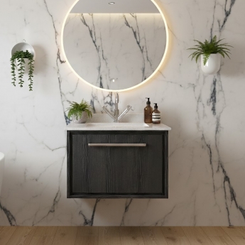 Hudson Reed Lille Wall Hung 1-Drawer Vanity Unit with White Marble Worktop Basin 600mm Wide - Graphite Grey Woodgrain | Product Image
