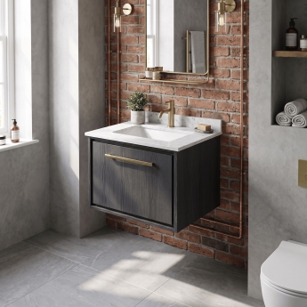 Hudson Reed Lille Wall Hung 1-Drawer Vanity Unit with White Marble Worktop Basin 600mm Wide - Graphite Grey Woodgrain | Product Image