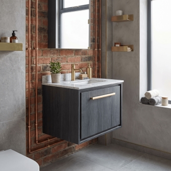 Hudson Reed Lille Wall Hung 1-Drawer Vanity Unit with White Marble Worktop Basin 600mm Wide - Graphite Grey Woodgrain | Product Image