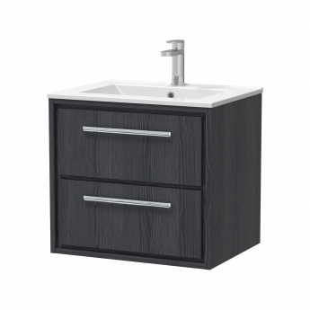 Hudson Reed Lille Wall Hung 2-Drawer Vanity Unit with 1TH Minimalist Basin 600mm Wide - Graphite Grey Woodgrain | Product Image