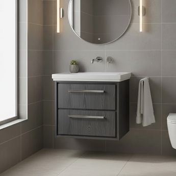 Hudson Reed Lille Wall Hung 2-Drawer Vanity Unit with 0TH Classique Basin 600mm Wide - Graphite Grey Woodgrain | Product Image