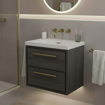 Hudson Reed Lille Wall Hung 2-Drawer Vanity Unit with 0TH Contemporary Basin 600mm Wide - Graphite Grey Woodgrain | Product Image