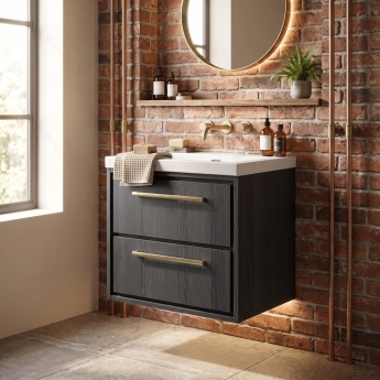 Hudson Reed Lille Wall Hung 2-Drawer Vanity Unit with 0TH Contemporary Basin 600mm Wide - Graphite Grey Woodgrain | Product Image