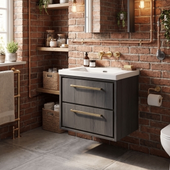 Hudson Reed Lille Wall Hung 2-Drawer Vanity Unit with 0TH Contemporary Basin 600mm Wide - Graphite Grey Woodgrain | Product Image