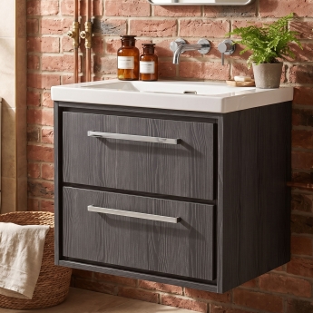 Hudson Reed Lille Wall Hung 2-Drawer Vanity Unit with 0TH Contemporary Basin 600mm Wide - Graphite Grey Woodgrain | Product Image