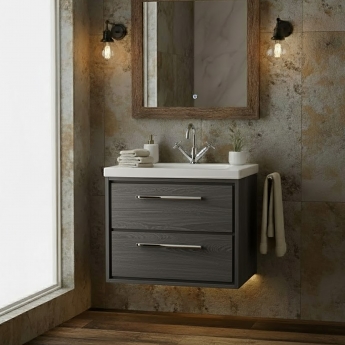 Hudson Reed Lille Wall Hung 2-Drawer Vanity Unit with 1TH Contemporary Basin 600mm Wide - Graphite Grey Woodgrain | Product Image