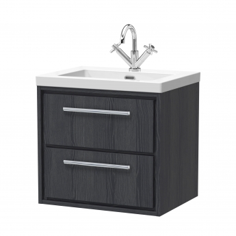 Hudson Reed Lille Wall Hung 2-Drawer Vanity Unit with 1TH Contemporary Basin 600mm Wide - Graphite Grey Woodgrain | Product Image