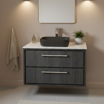 Hudson Reed Lille Wall Hung 2-Drawer Vanity Unit with White Marble Worktop 800mm Wide - Graphite Grey Woodgrain | Product Image