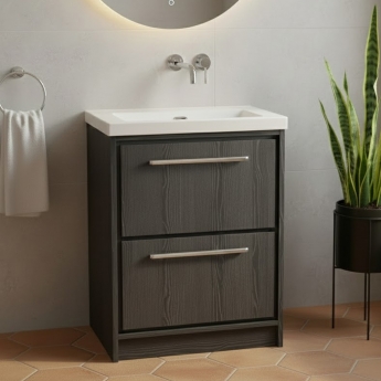 Hudson Reed Lille Floor Standing 2-Drawer Vanity Unit with 0TH Contemporary Basin 600mm Wide - Graphite Grey Woodgrain | Product Image