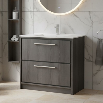 Hudson Reed Lille Floor Standing 2-Drawer Vanity Unit with 1TH Minimalist Basin 800mm Wide - Graphite Grey Woodgrain | Product Image