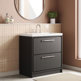 Hudson Reed Lille Floor Standing 2-Drawer Vanity Unit with 3TH Contemporary Basin 800mm Wide - Graphite Grey Woodgrain | Product Image