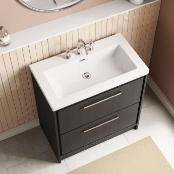 Hudson Reed Lille Floor Standing 2-Drawer Vanity Unit with 3TH Contemporary Basin 800mm Wide - Graphite Grey Woodgrain | Product Image