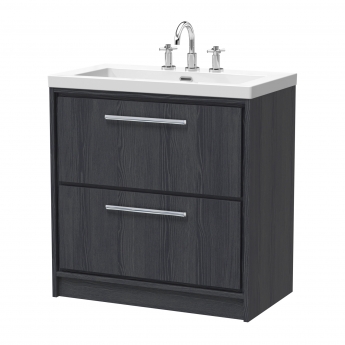 Hudson Reed Lille Floor Standing 2-Drawer Vanity Unit with 3TH Contemporary Basin 800mm Wide - Graphite Grey Woodgrain | Product Image