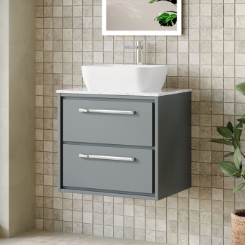 Hudson Reed Lille Wall Hung 2-Drawer Vanity Unit with Carrara Marble Worktop 600mm Wide - Coastal Grey | Product Image