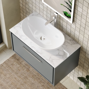 Hudson Reed Lille Wall Hung 1-Drawer Vanity Unit with Carrara Marble Worktop 800mm Wide - Coastal Grey | Product Image