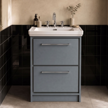 Hudson Reed Lille Floor Standing 2-Drawer Vanity Unit with 3TH Classique Basin 600mm Wide - Coastal Grey | Product Image