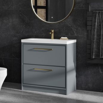 Hudson Reed Lille Floor Standing 2-Drawer Vanity Unit with 1TH Contemporary Basin 800mm Wide - Coastal Grey | Product Image