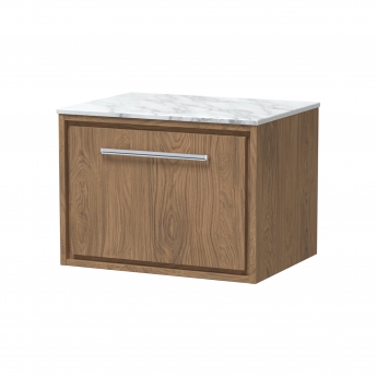 Hudson Reed Lille Wall Hung 1-Drawer Vanity Unit with Carrera Marble Worktop 600mm Wide - Antique Oak | Product Image