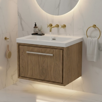 Hudson Reed Lille Wall Hung 1-Drawer Vanity Unit with 0TH Contemporary Basin 600mm Wide - Antique Oak | Product Image