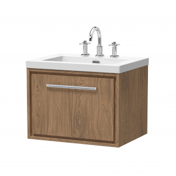 Hudson Reed Lille Wall Hung 1-Drawer Vanity Unit with 3TH Contemporary Basin 600mm Wide - Antique Oak | Product Image