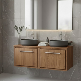 Hudson Reed Lille Wall Hung 2-Drawer Vanity Unit with Worktop 1200mm Wide - Antique Oak | Product Image