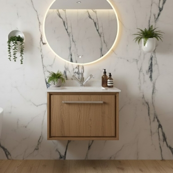 Hudson Reed Lille Wall Hung 1-Drawer Vanity Unit with White Marble Worktop Basin 600mm Wide - Antique Oak | Product Image