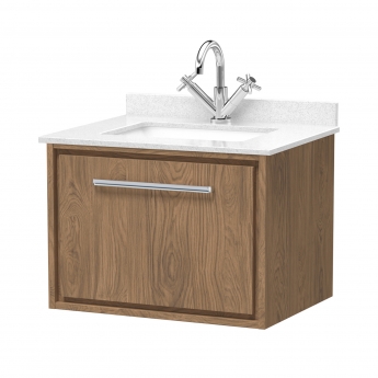 Hudson Reed Lille Wall Hung 1-Drawer Vanity Unit with White Marble Worktop Basin 600mm Wide - Antique Oak | Product Image