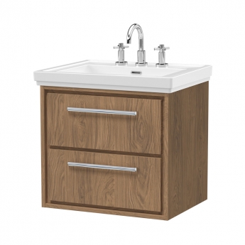 Hudson Reed Lille Wall Hung 2-Drawer Vanity Unit with 3TH Classique Basin 600mm Wide - Antique Oak | Product Image