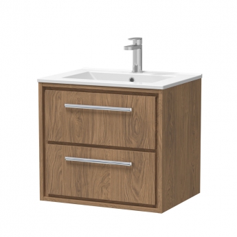 Hudson Reed Lille Wall Hung 2-Drawer Vanity Unit with 1TH Minimalist Basin 600mm Wide - Antique Oak | Product Image