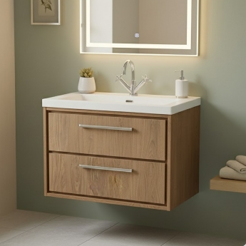 Hudson Reed Lille Wall Hung 2-Drawer Vanity Unit with 1TH Contemporary Basin 800mm Wide - Antique Oak | Product Image