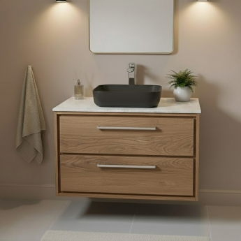 Hudson Reed Lille Wall Hung 2-Drawer Vanity Unit with White Marble Worktop 800mm Wide - Antique Oak | Product Image