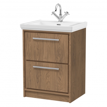 Hudson Reed Lille Floor Standing 2-Drawer Vanity Unit with 1TH Classique Basin 600mm Wide - Antique Oak | Product Image