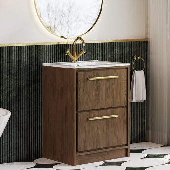 Hudson Reed Lille Floor Standing 2-Drawer Vanity Unit with 1TH Minimalist Basin 600mm Wide - Antique Oak | Product Image