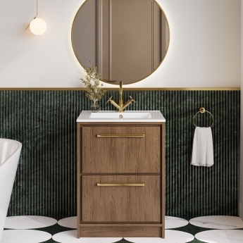 Hudson Reed Lille Floor Standing 2-Drawer Vanity Unit with 1TH Minimalist Basin 600mm Wide - Antique Oak | Product Image