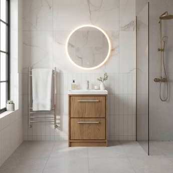 Hudson Reed Lille Floor Standing 2-Drawer Vanity Unit with 1TH Thin-Edge Basin 600mm Wide - Antique Oak | Product Image