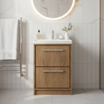 Hudson Reed Lille Floor Standing 2-Drawer Vanity Unit with 1TH Thin-Edge Basin 600mm Wide - Antique Oak | Product Image