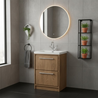 Hudson Reed Lille Floor Standing 2-Drawer Vanity Unit with 1TH Contemporary Basin 600mm Wide - Antique Oak | Product Image
