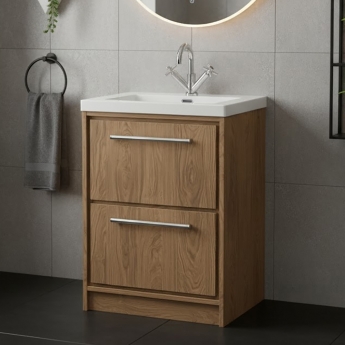 Hudson Reed Lille Floor Standing 2-Drawer Vanity Unit with 1TH Contemporary Basin 600mm Wide - Antique Oak | Product Image