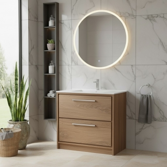 Hudson Reed Lille Floor Standing 2-Drawer Vanity Unit with 1TH Minimalist Basin 800mm Wide - Antique Oak | Product Image