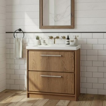 Hudson Reed Lille Floor Standing 2-Drawer Vanity Unit with 0TH Contemporary Basin 800mm Wide - Antique Oak | Product Image