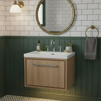 Hudson Reed Lille Wall Hung 1-Drawer Vanity Unit with 3TH Contemporary Basin 600mm Wide - Bleached Oak | Product Image