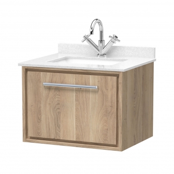 Hudson Reed Lille Wall Hung 1-Drawer Vanity Unit with White Marble Worktop Basin 600mm Wide - Bleached Oak | Product Image