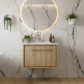 Hudson Reed Lille Wall Hung 1-Drawer Vanity Unit with White Marble Worktop Basin 600mm Wide - Bleached Oak | Product Image