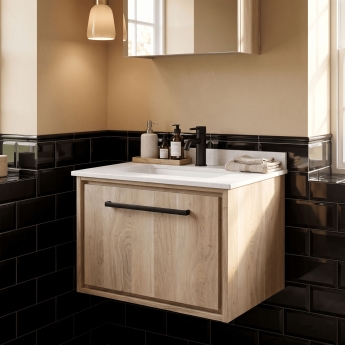 Hudson Reed Lille Wall Hung 1-Drawer Vanity Unit with White Marble Worktop Basin 600mm Wide - Bleached Oak | Product Image